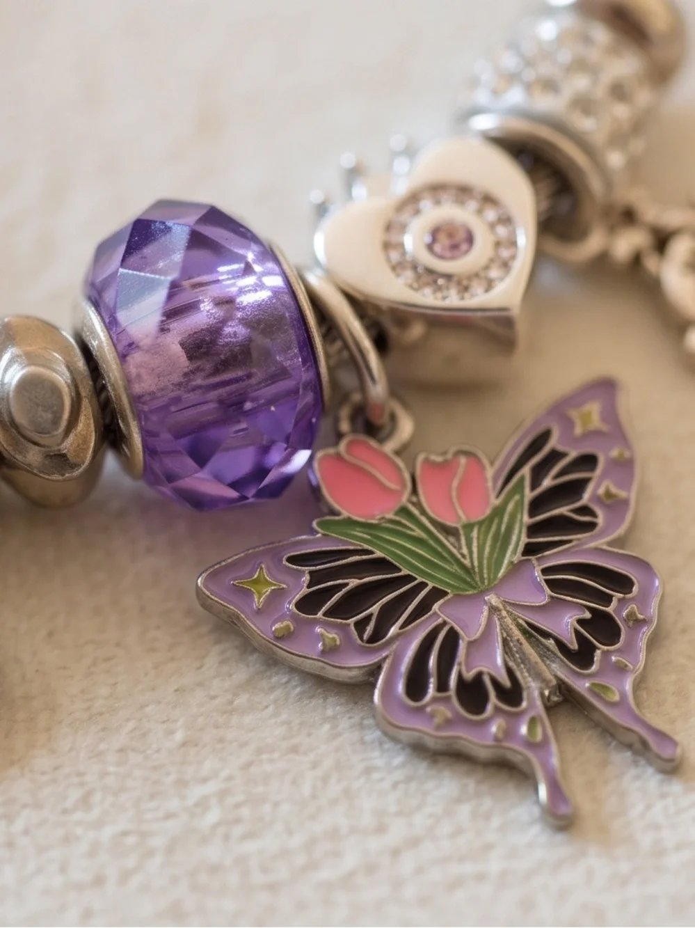 Silver Butterfly Charm Bracelet with Purple Crystal Bead